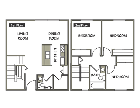 Floor plan for 3 beds, 2 baths, 1130 sqft